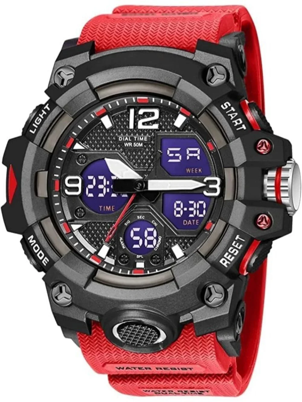 Mens Black Red Analog Quartz S-Shock Waterproof Outdoor Sports LED Digital Watch